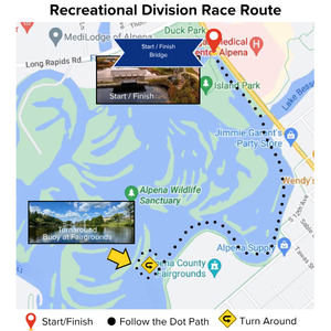 This photo is a map of the Alpena Wildlife Sanctuary Thunder Bay River showing the race course for the recreational division