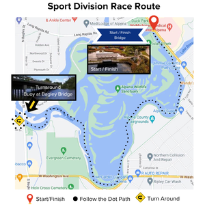 This photo is a map of the Alpena Wildlife Sanctuary Thunder Bay River showing the race course for the sport division